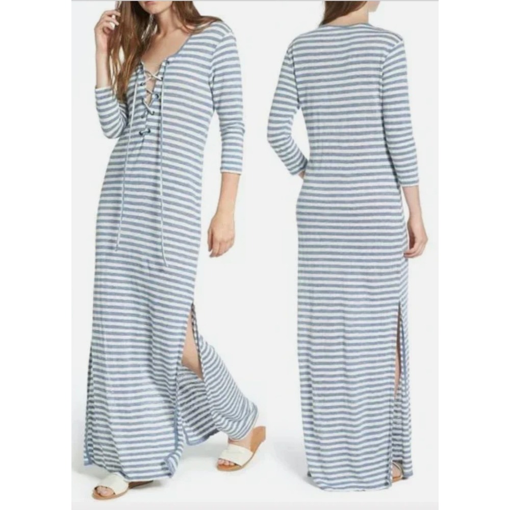 AG Adriano Goldschmied Blue White Striped Linen Nautical Maxi Dress TALL Small